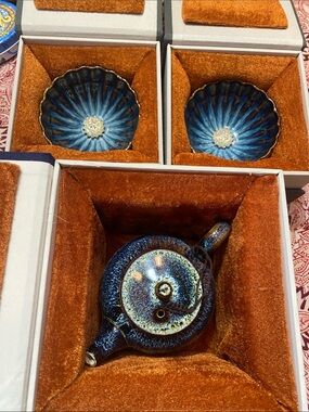 Tenmokus Glazed Ceramic Tea Bowl Set - Deep Blue & Brown
